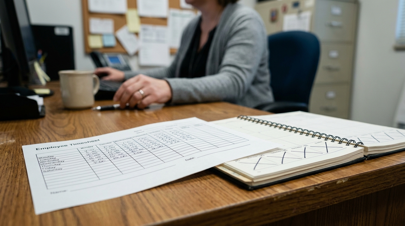 Employee Timesheet document and spiral notebook on office desk with worker typing