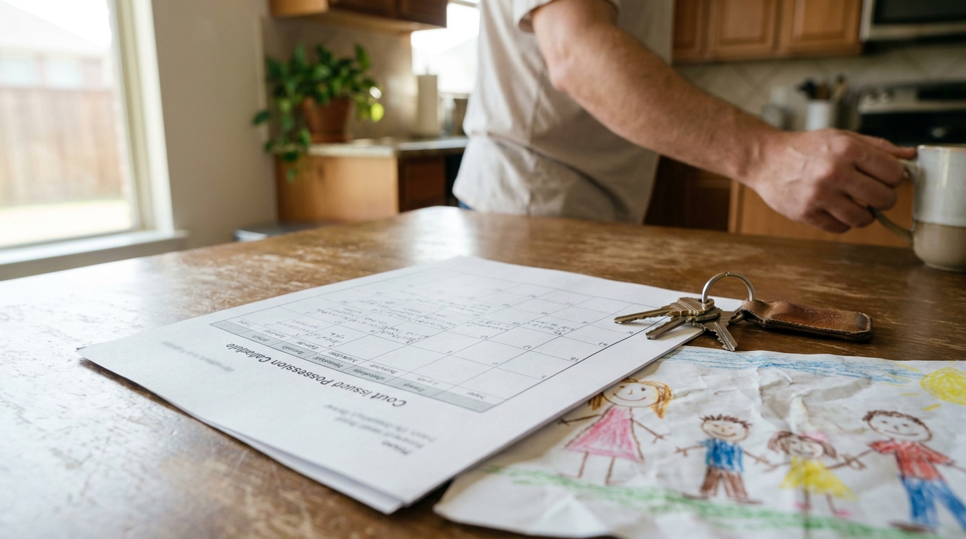 Court Issued Possession California document on table with house keys and child's drawing