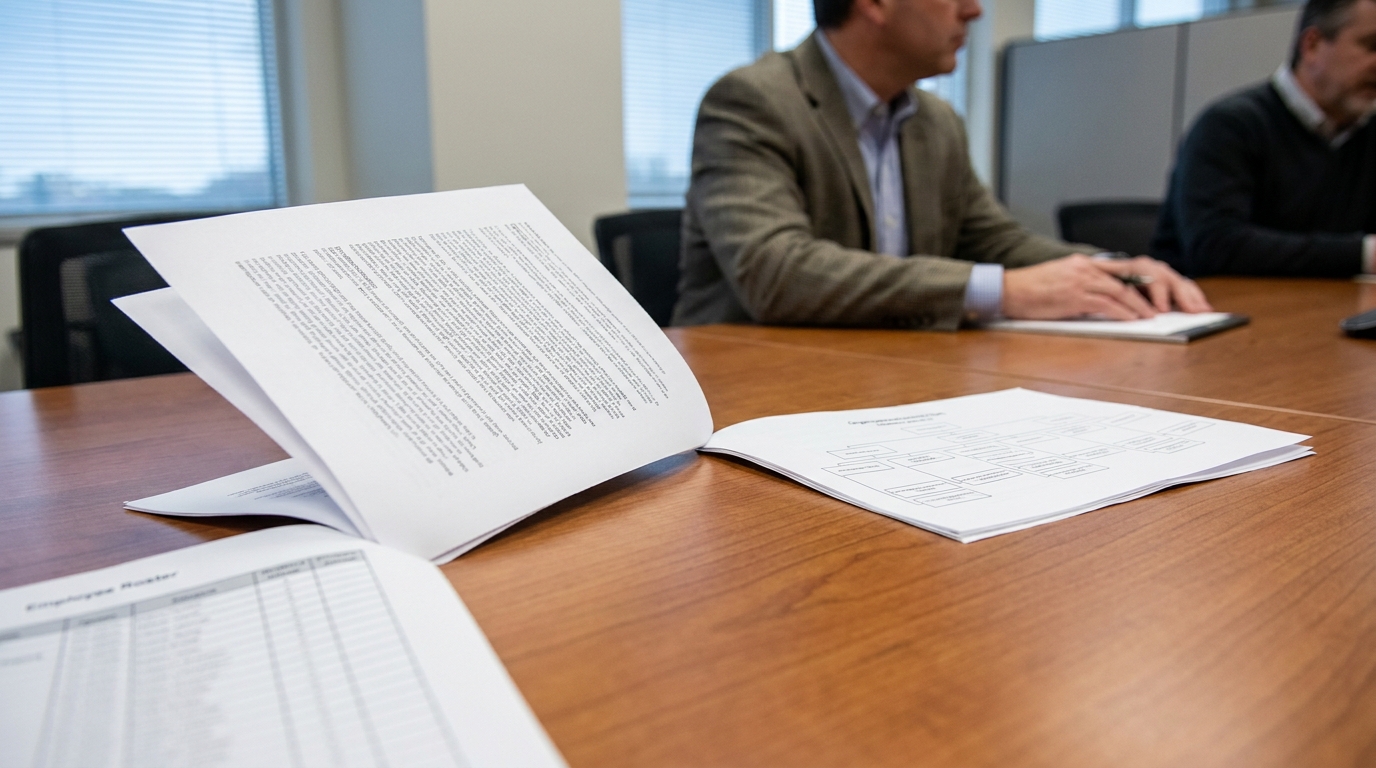 Employee Roster and legal documents spread across conference table during professional meeting
