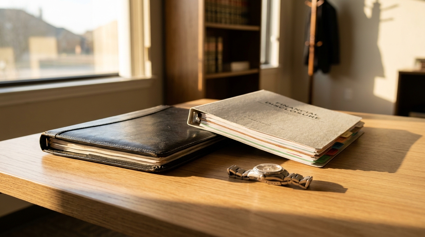 Financial Disclosure binder and leather portfolio on law office desk with wristwatch