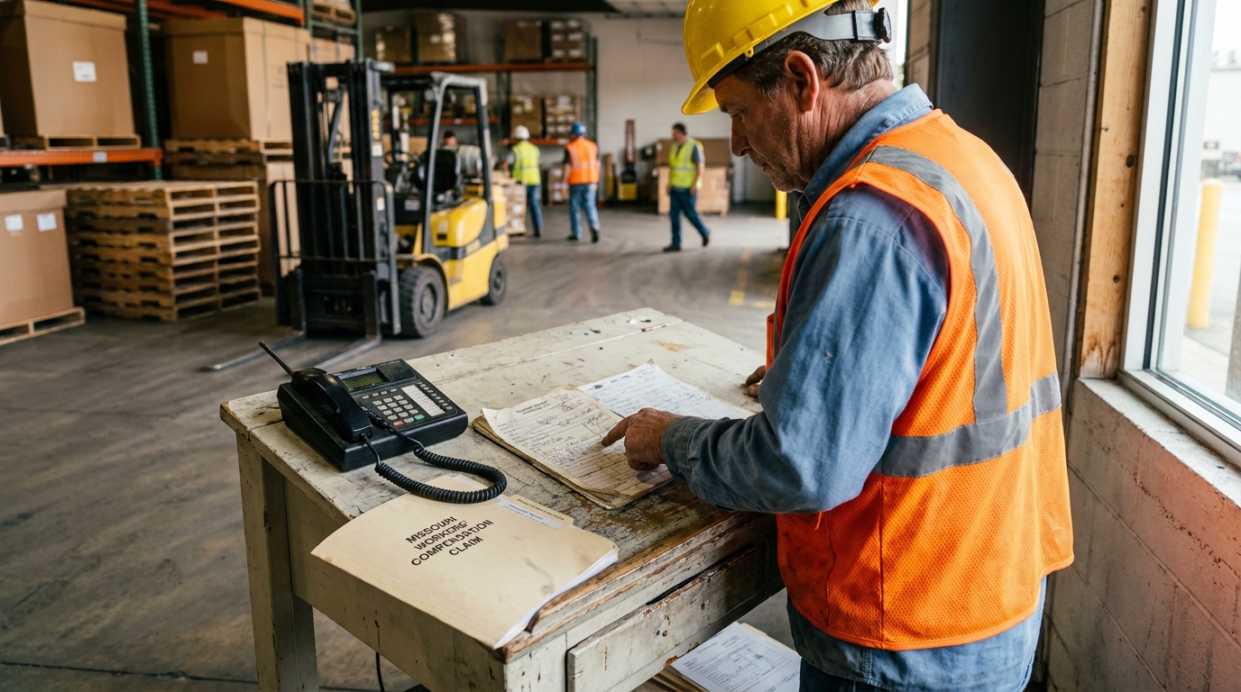 St. Louis Warehouse Worker Filing Missouri Workers Compensation Claim warehouse worker in hard hat reviewing Missouri Workers Compensation Claim documents