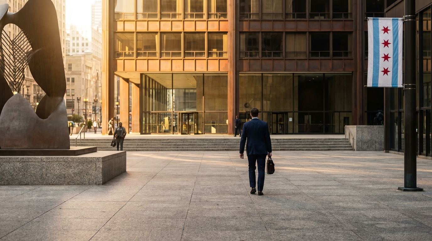 Asset Forfeiture Lawyer Walking Into Chicago Courthouse suited professional carrying briefcase walking toward Chicago civic center plaza