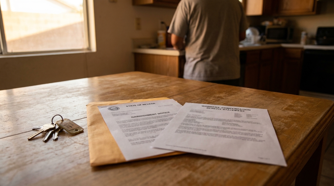 Nevada Garnishment Notice and Workers Comp Benefit Statement Las Vegas State of Nevada garnishment notice and workers' compensation benefit statement on kitchen table