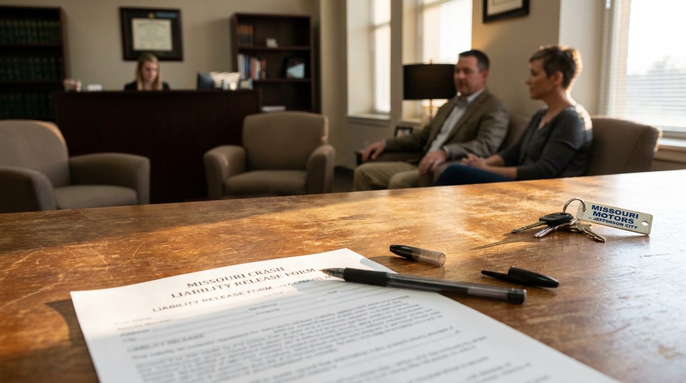 Missouri Crash Liability Release Form St. Louis Attorney Office Missouri Crash Liability Release Form on desk with car keys and pen in law office