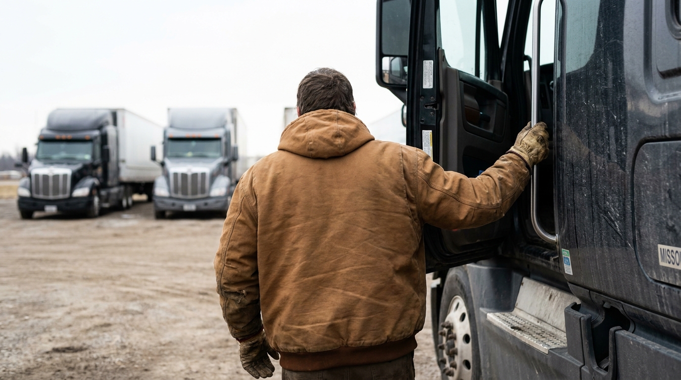 Missouri Truck Driver Entering Semi Truck St. Louis truck driver in work jacket opening semi-truck door at commercial lot