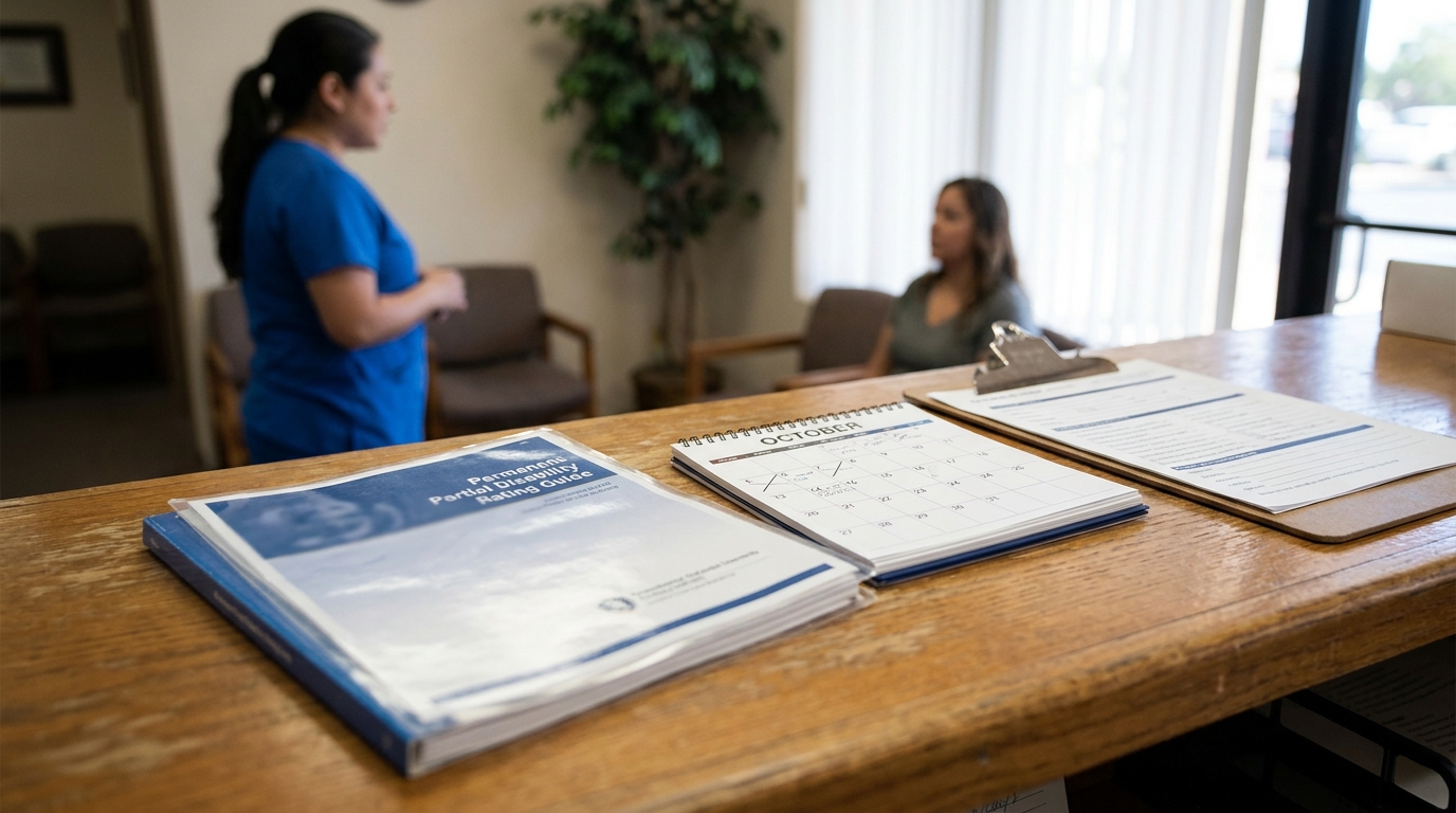 Permanent Partial Disability Rating Guide booklet on desk with October calendar and clipboard