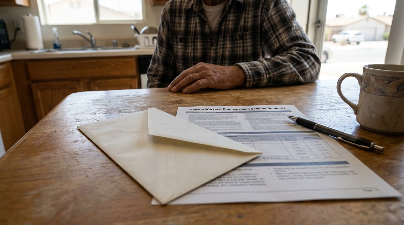 Nevada Workers' Compensation Benefits Summary document on kitchen table with envelope and pen