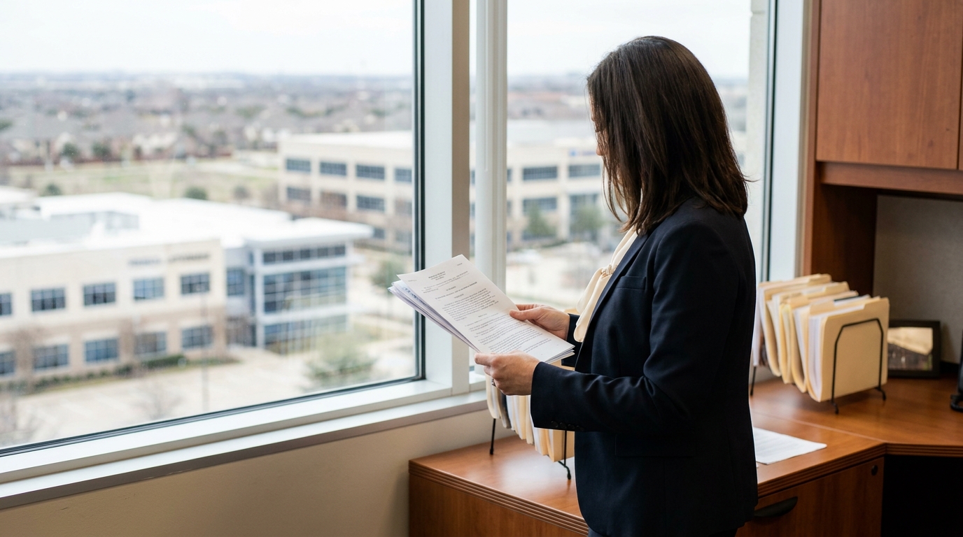 female attorney reviewing legal documents standing beside high-rise office window