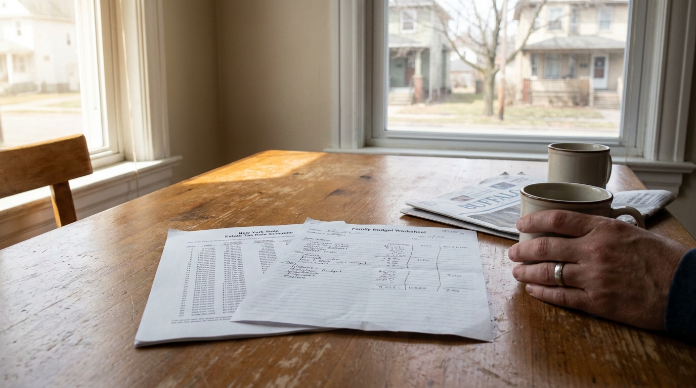 Buffalo Family Reviewing New York State Estate Tax Documents New York State Estate Tax Rate Schedule and Family Budget Worksheet on wooden table