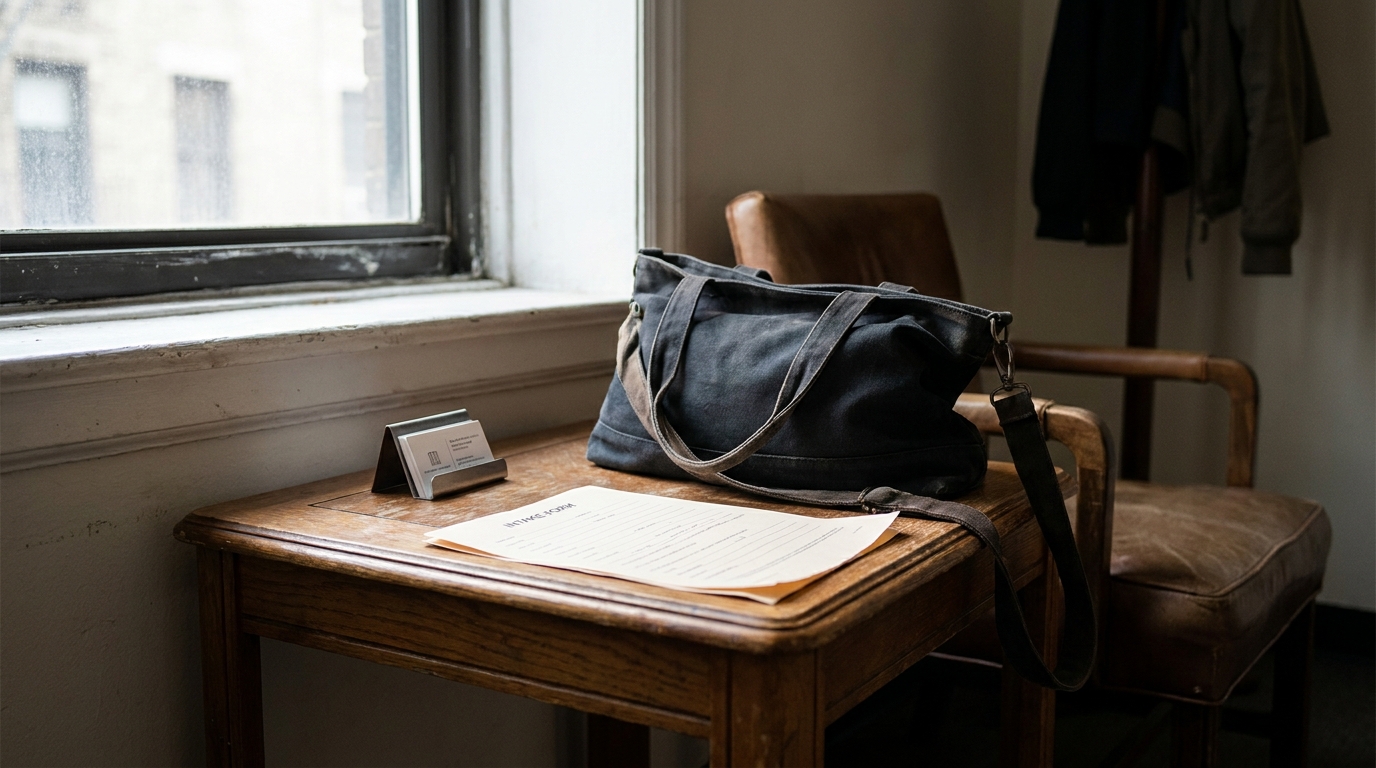 canvas tote bag and legal documents on wooden desk near window