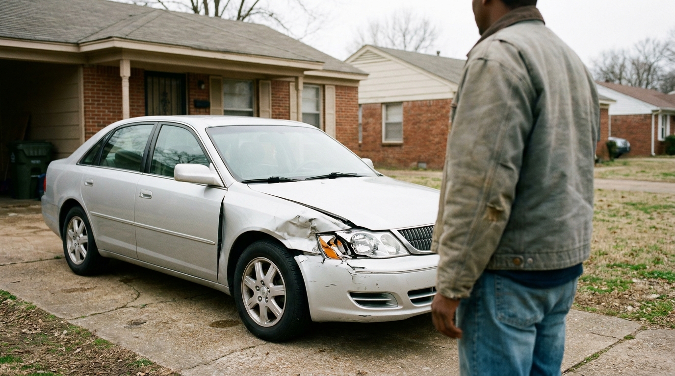 Memphis Crash Victim Inspecting Damaged Car After Accident man standing beside sedan with front-end collision damage in residential driveway