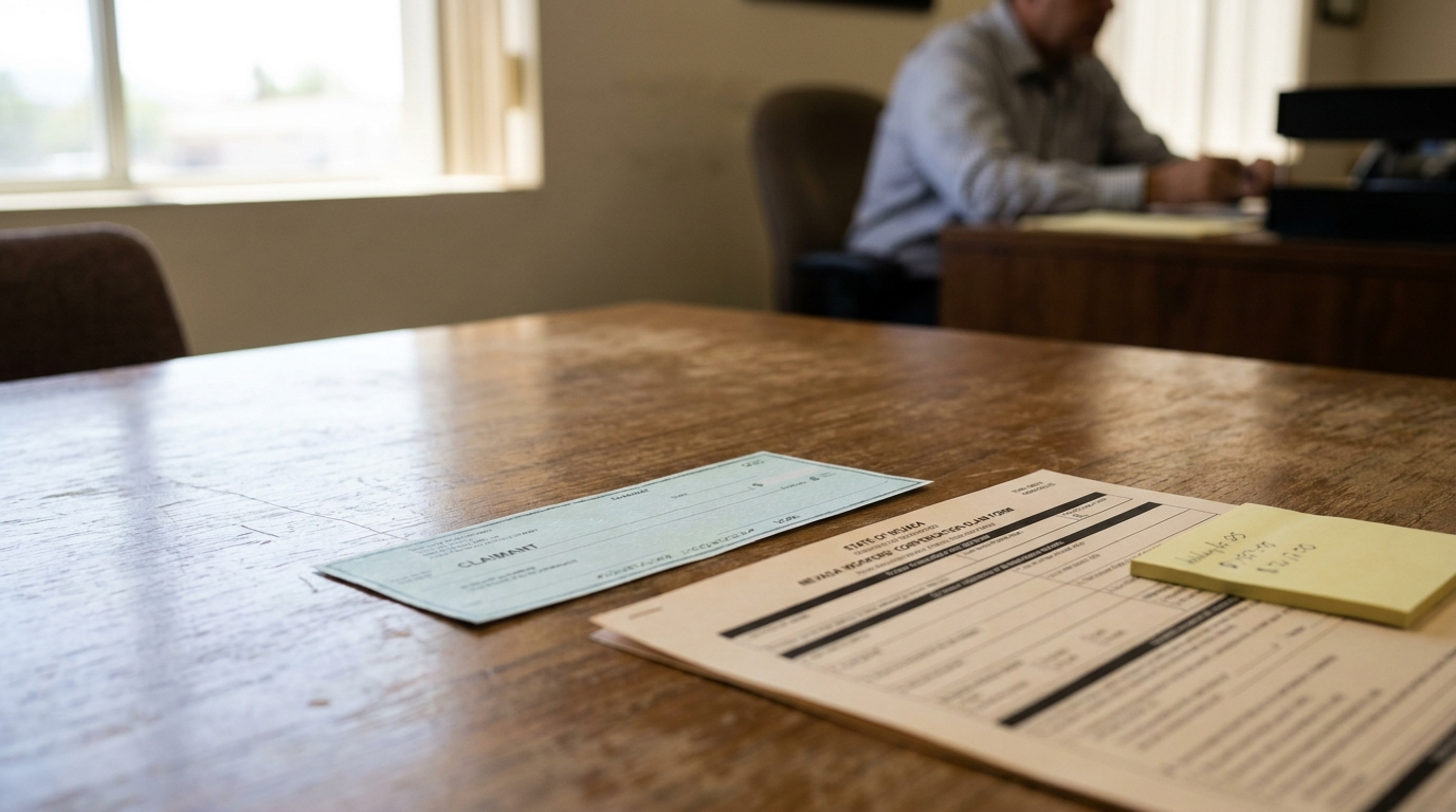 Nevada workers compensation claim form and check on office desk