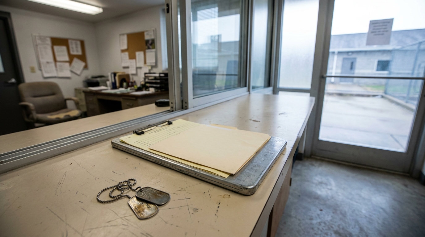 Mansfield Ohio Dog Quarantine Facility Intake Desk military dog tags and clipboard with documents on institutional counter