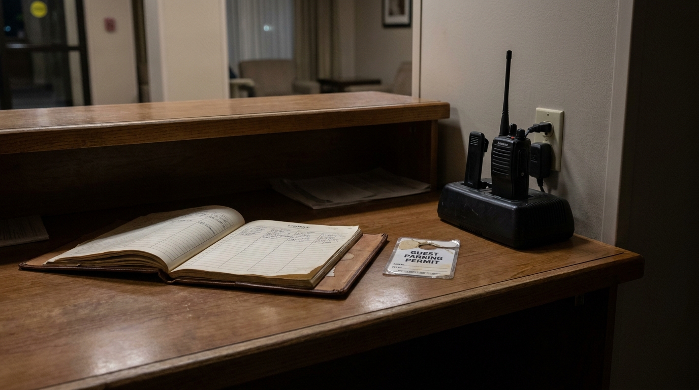 security desk with open logbook, guest parking permit, and two-way radios