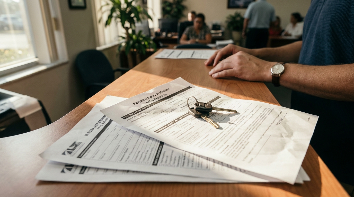 Hollywood Florida PIP Insurance Policy Documents and Car Keys Personal Injury Protection Policy Declaration insurance documents and car keys on desk