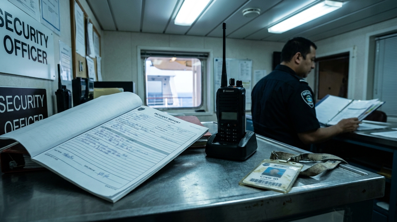 cruise ship security officer reviewing incident report with radio and crew ID on desk