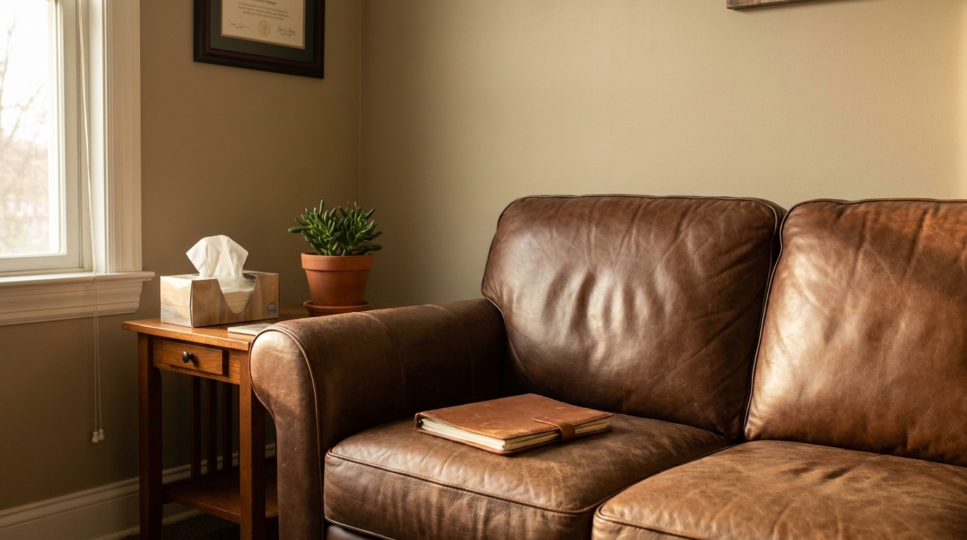 Columbus Ohio Dog Bite PTSD Therapy Office Couch leather sofa with journal, tissue box, potted plant, and framed certificate on wall