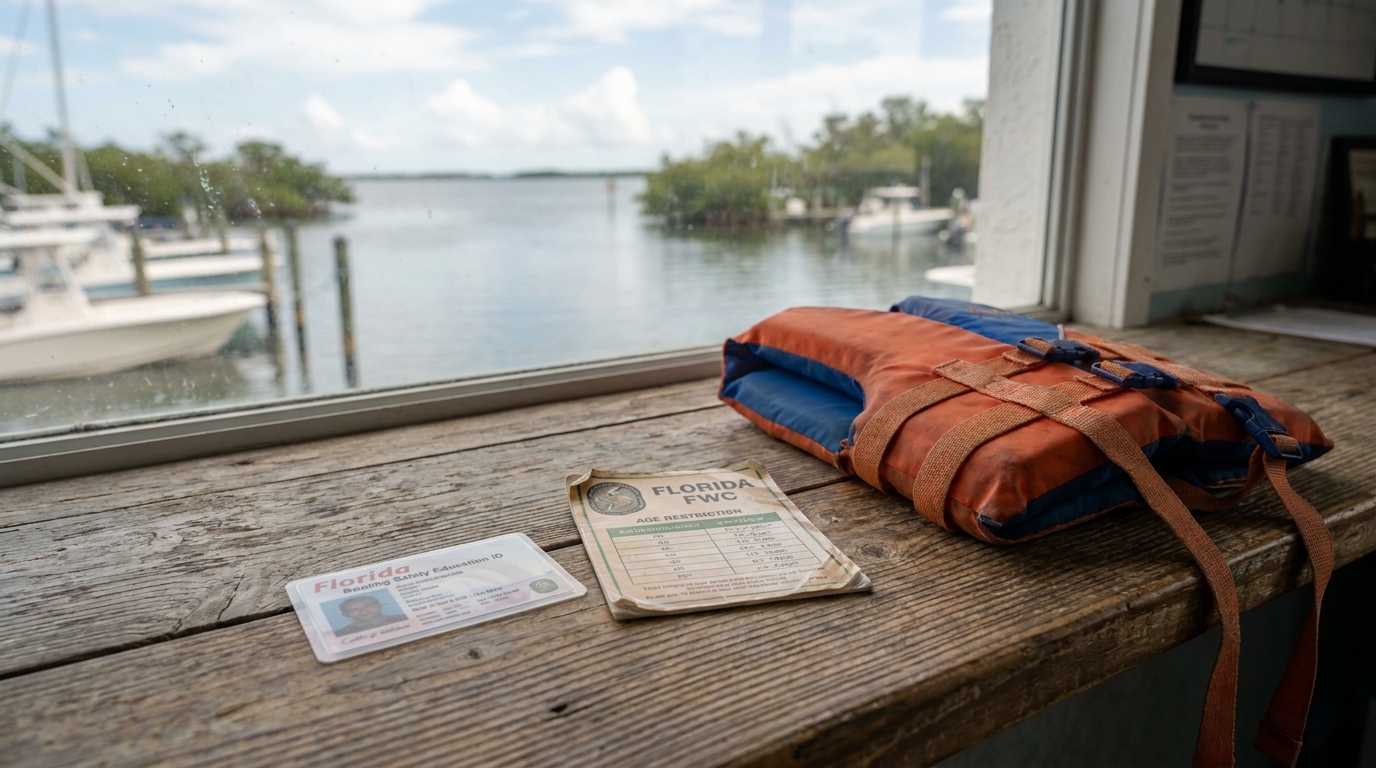 Florida Boating Safety Education ID, Florida FWC age restriction card, and life jacket on dock