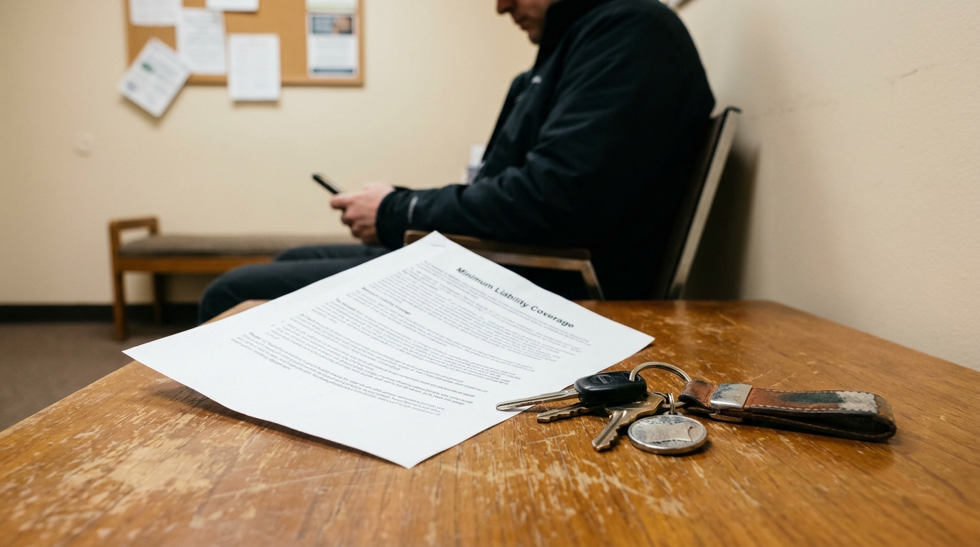 Mansfield Ohio Underinsured Driver Minimum Liability Coverage Document Minimum Liability Coverage document and car keys on desk beside seated person