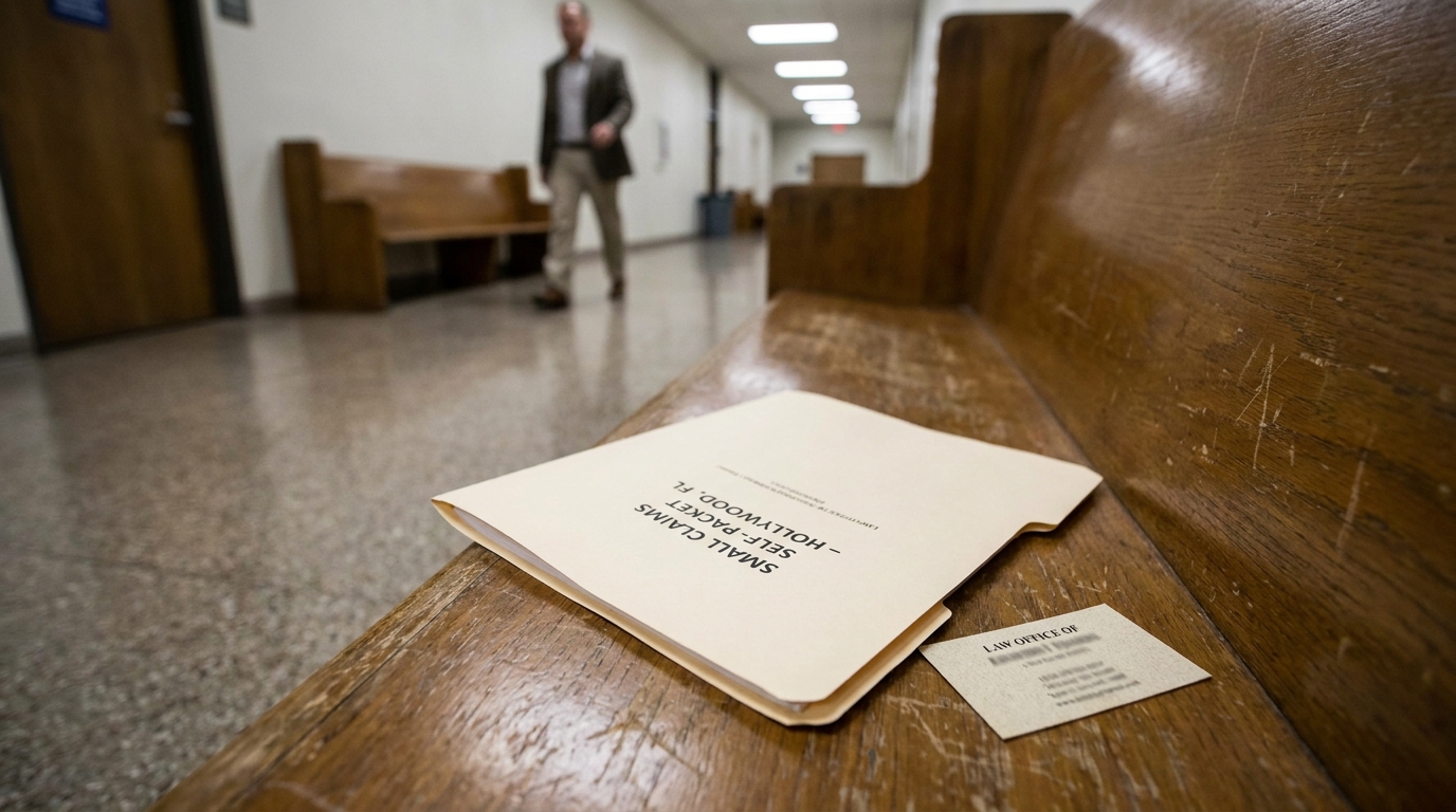 Hollywood FL Small Claims Court Self-Packet With Attorney Business Card Small Claims self-packet folder and law office business card on courthouse bench