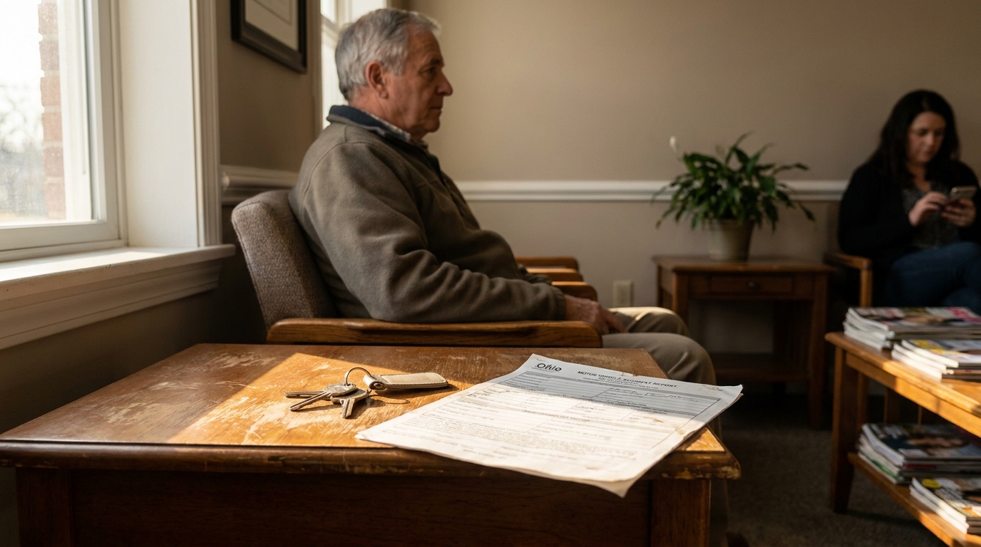 Ohio motor vehicle accident report form and keys on waiting room table
