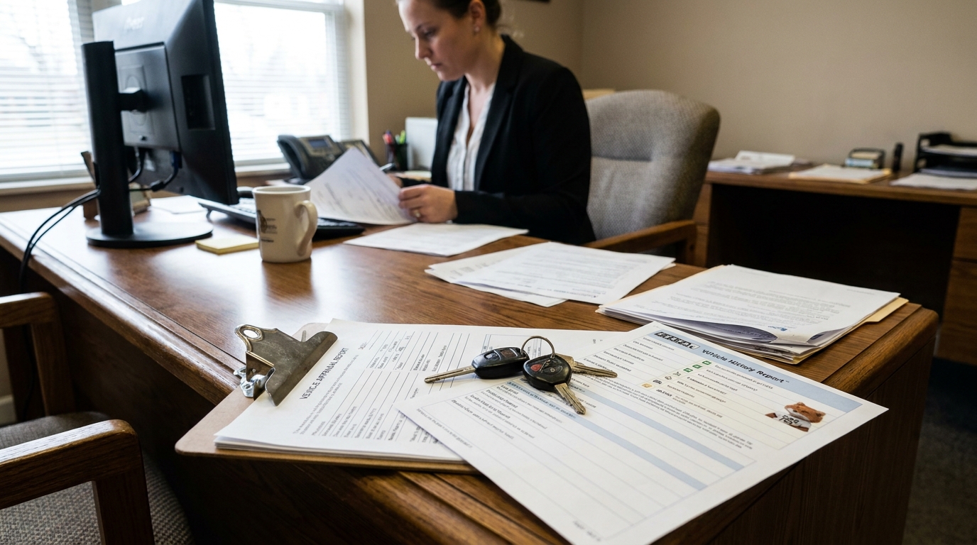 Columbus Attorney Reviewing Diminished Value Claim Documents attorney reviewing documents at desk with vehicle appraisal report and car keys
