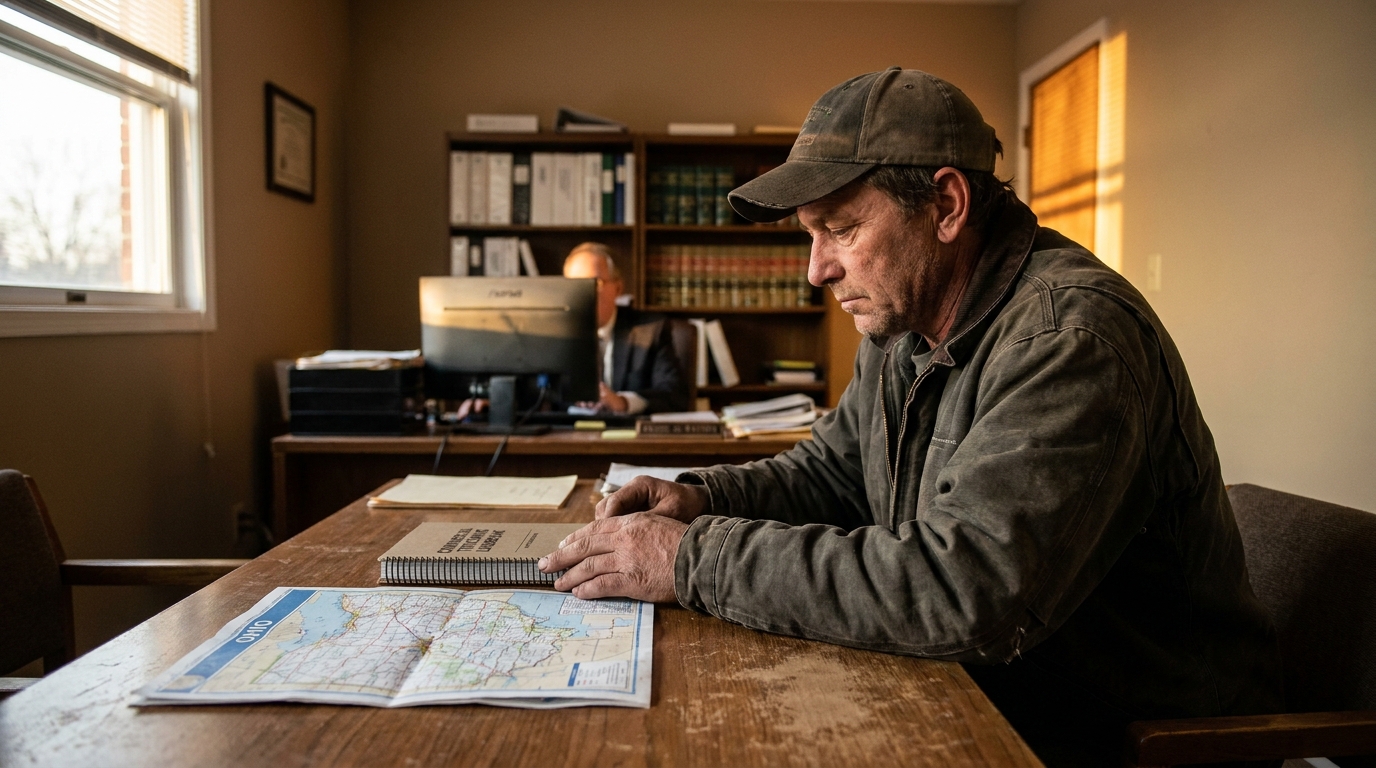 Columbus Ohio Truck Accident Claim Consultation With Attorney man in work jacket reviewing Ohio map and documents at law office desk