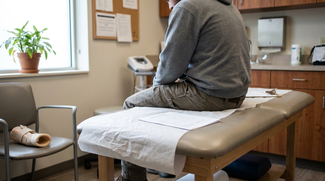 patient seated on medical exam table with orthopedic brace on nearby chair