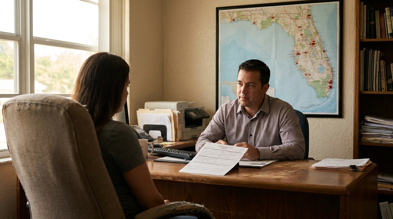 Hollywood Florida Car Accident Attorney Consulting Injured Passenger attorney consulting with client across desk holding legal documents Florida map background