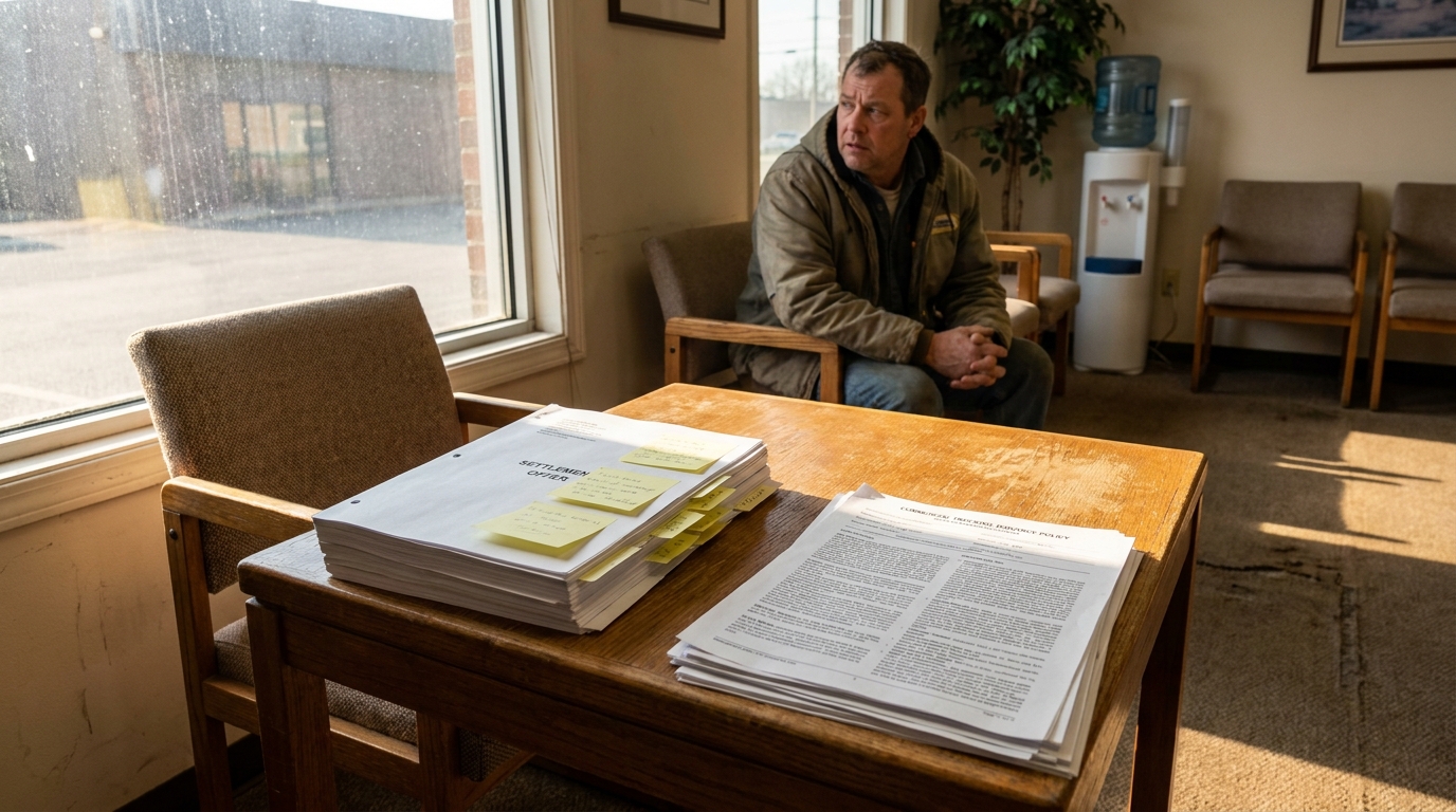Mansfield Ohio Truck Accident Victim Reviewing Insurance Settlement Offer man seated in waiting room beside settlement offer documents with sticky notes