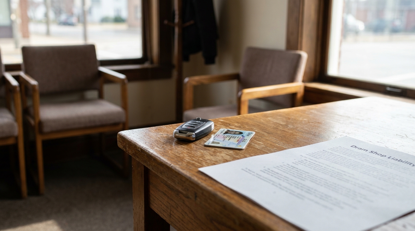 Dram Shop Liability document, car key fob, and driver's license on wooden table