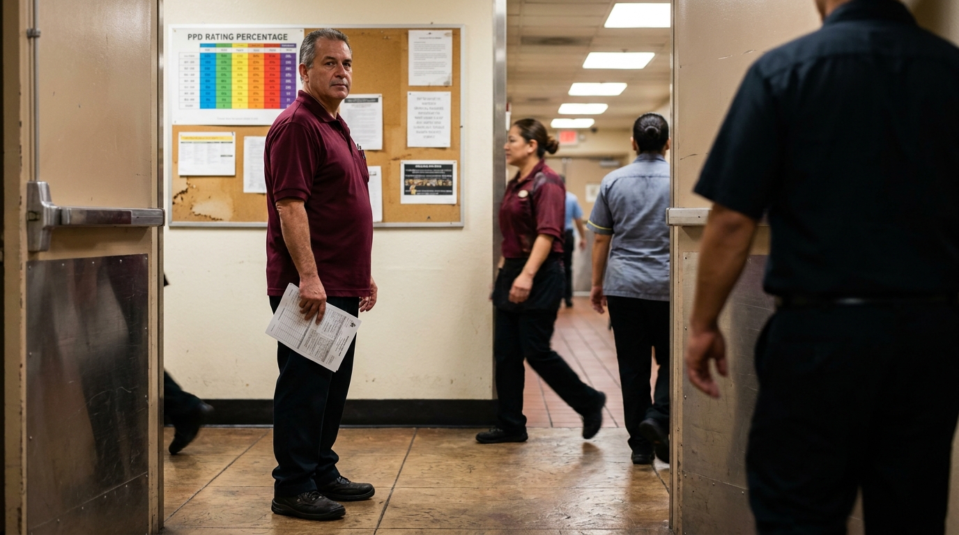 worker holding document standing near PPD Rating Percentage chart on bulletin board