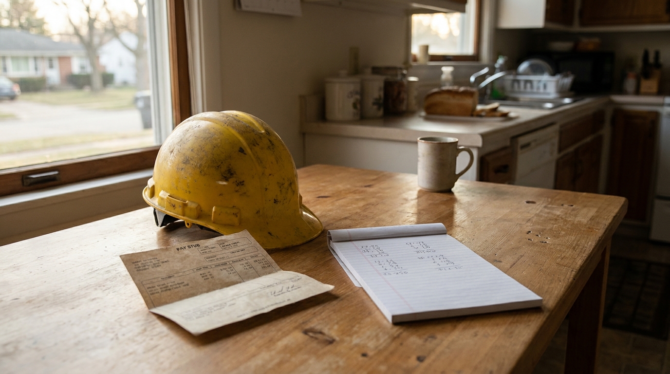 Atlanta Worker Calculating Georgia Workers Comp Weekly Benefits worn hard hat beside pay stub and handwritten notes on kitchen table