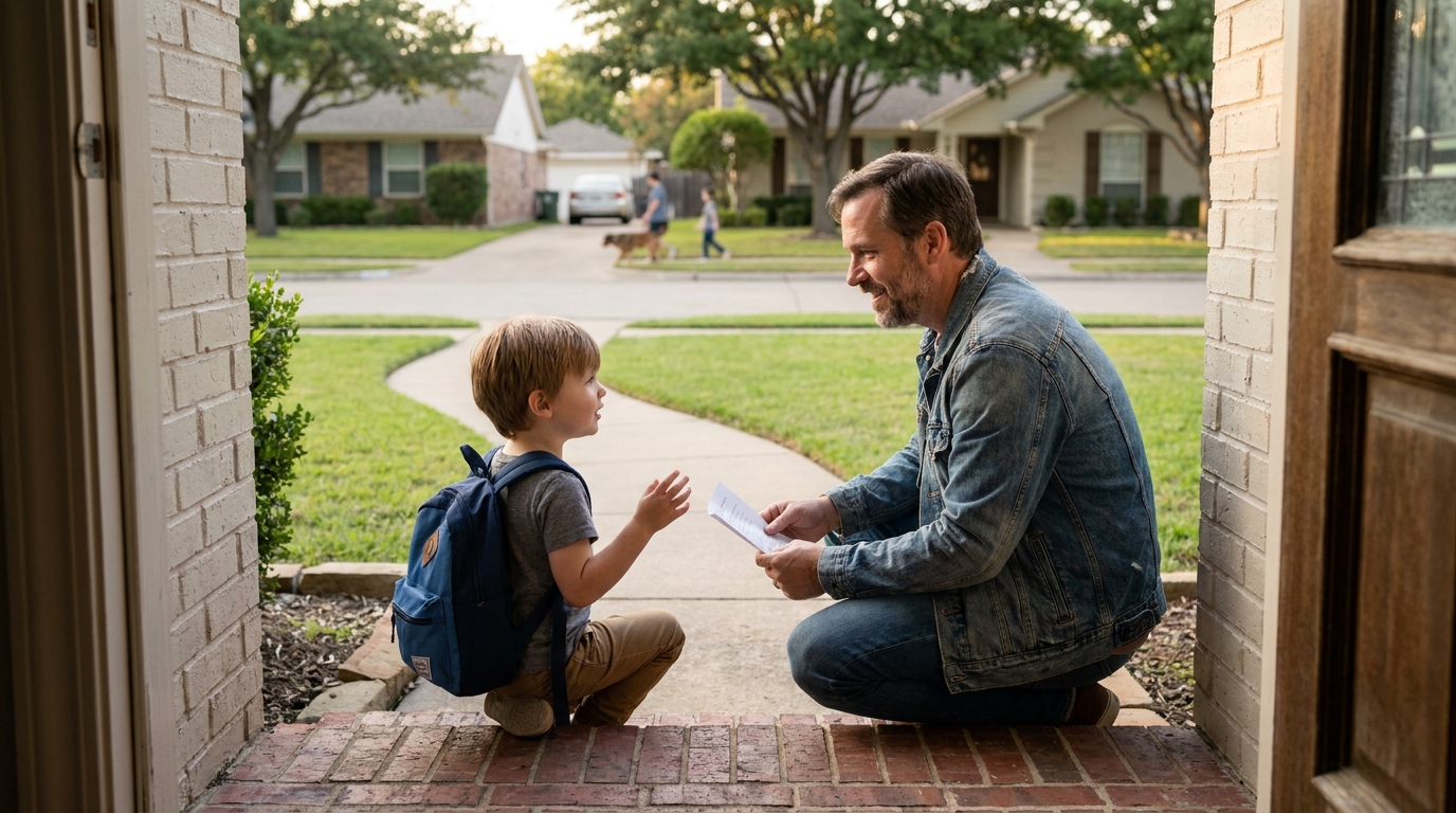 adult man crouching at front door speaking with young child wearing backpack holding document
