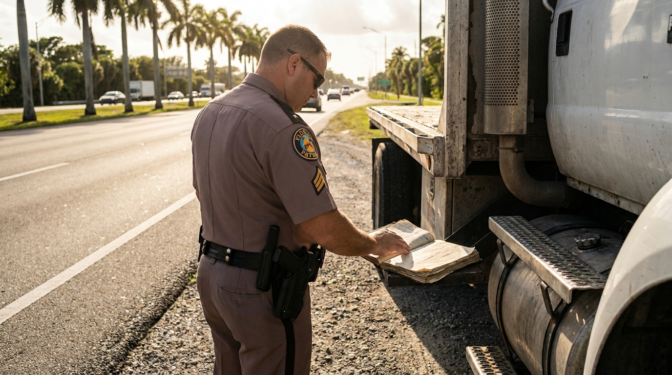 Florida Highway Patrol Officer Inspecting Commercial Truck Ft Lauderdale Florida Highway Patrol officer reviewing documents beside commercial truck on roadside