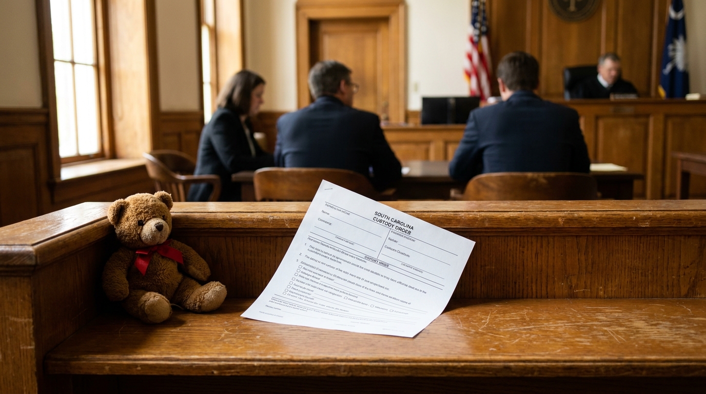 South Carolina Custody Order document and teddy bear on courtroom bench during hearing