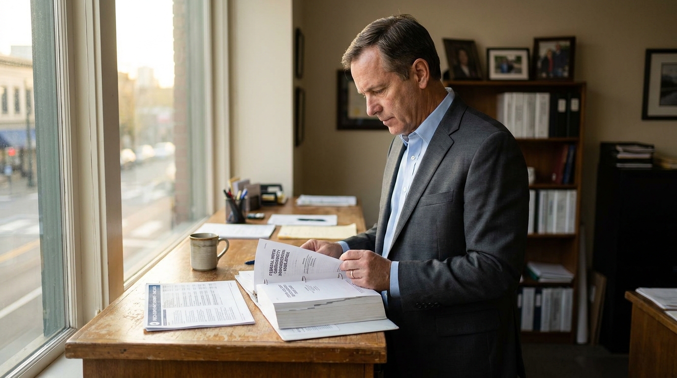 attorney in suit standing at desk reviewing legal documents in law office