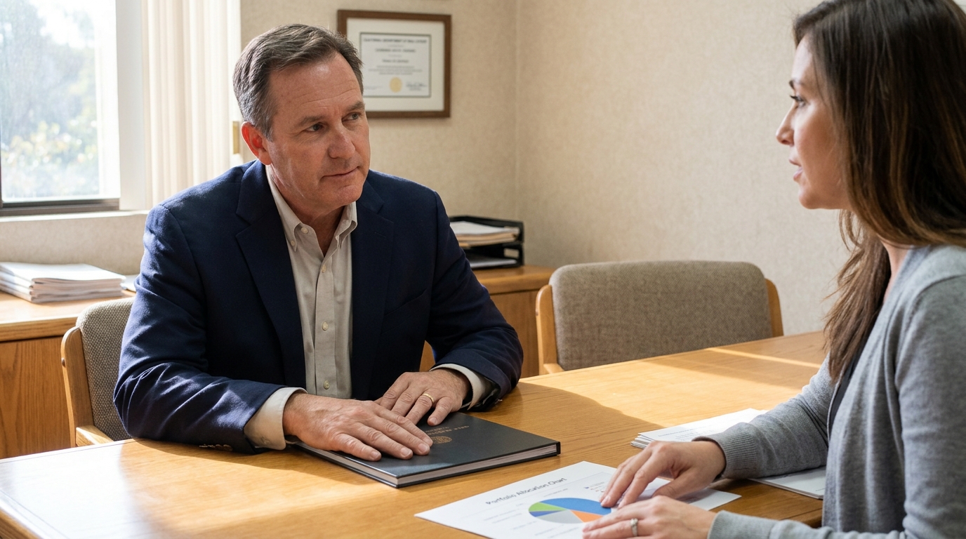 Los Angeles Investment Fraud Attorney Consulting Client on Reg D Claim attorney and client meeting at desk with Portfolio Allocation Chart document