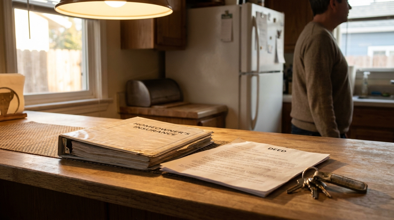 Sacramento Homeowner Deed and Insurance Castle Doctrine Defense Homeowner's Insurance binder, Deed document, and keys on kitchen counter