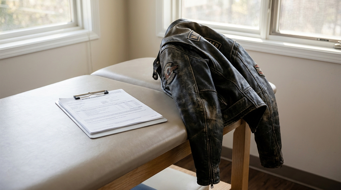 Orlando Motorcyclist Medical Cost Estimate Exam Room worn motorcycle jacket with patches beside medical cost estimate clipboard