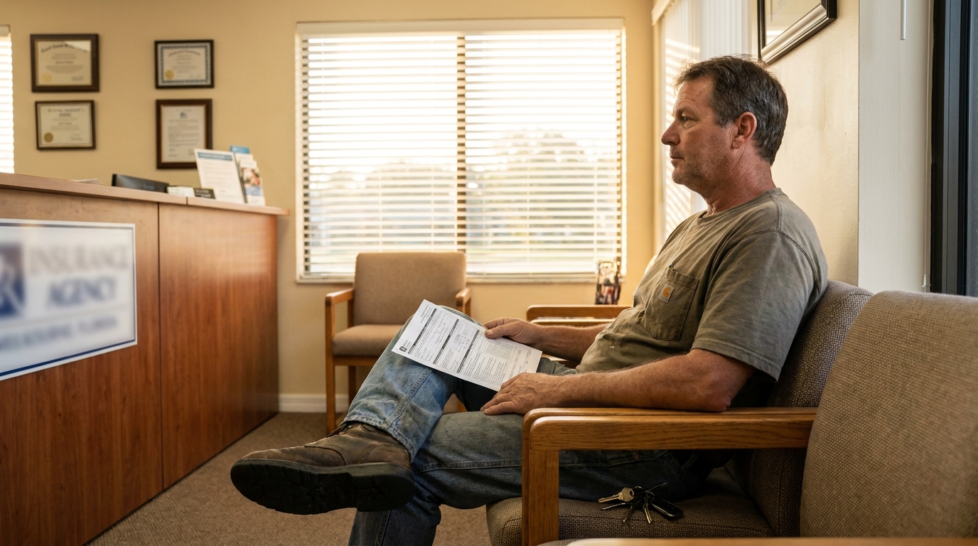 man seated in office waiting room holding printed legal document with framed certificates on wall