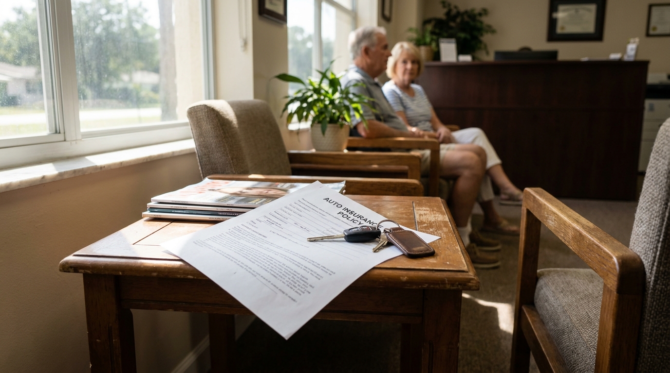 The Villages Florida Car Accident Insurance Claim Waiting Room Auto Insurance Policy document and car keys on waiting room table with couple seated nearby