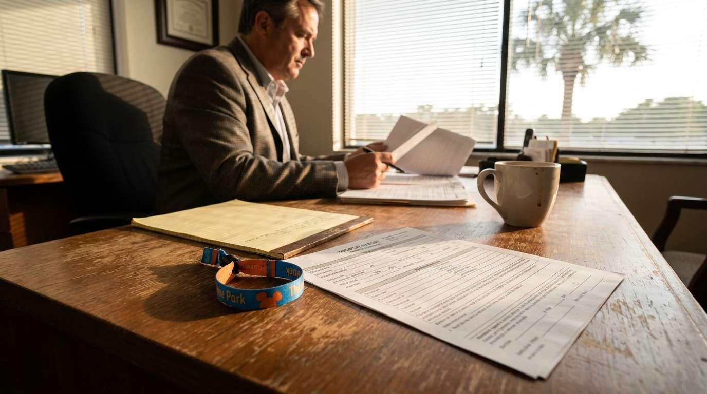 attorney reviewing documents at desk with theme park wristband and incident report
