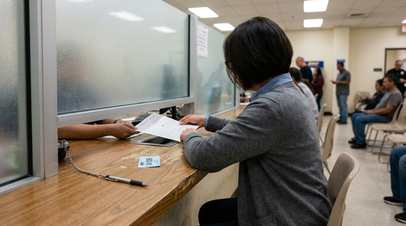 person submitting document at government office counter with numbered ticket A109