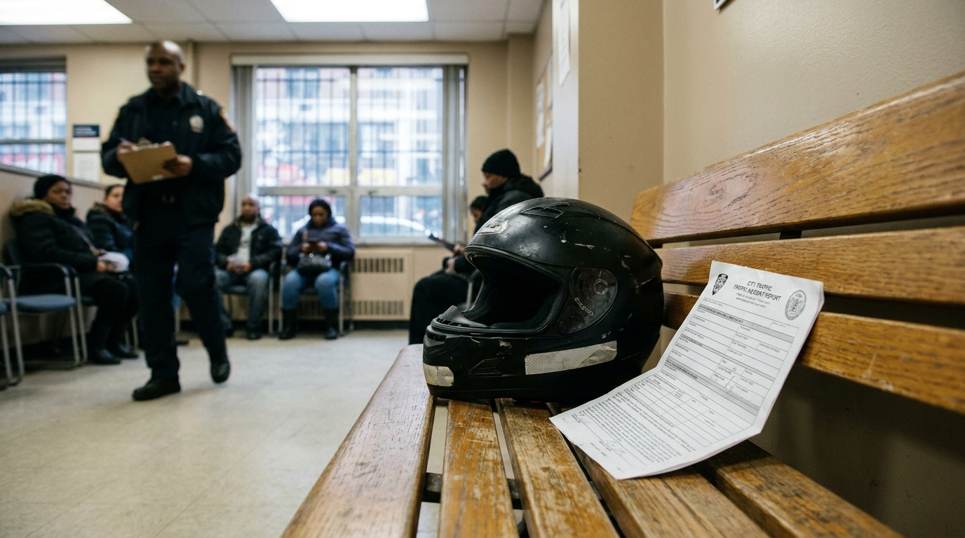 NYC Moped Accident Police Report and Helmet motorcycle helmet and police traffic accident report on wooden bench in precinct waiting area