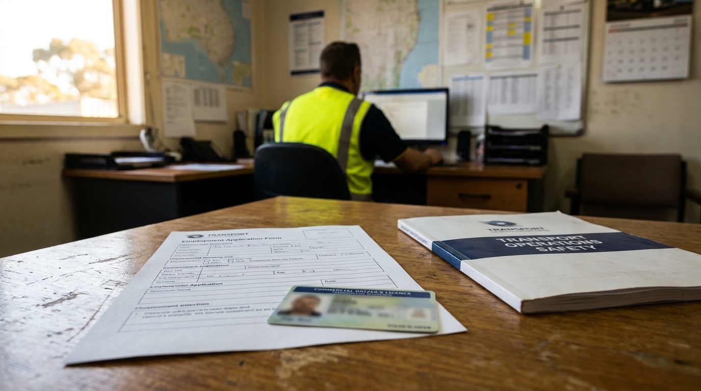 Transport Employment Application Form, commercial driver's licence, and Transport Operations Safety manual on desk