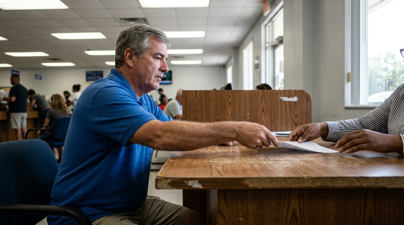 Man Filing Hit-and-Run Accident Claim Titusville FL man pointing at document across desk in busy government office