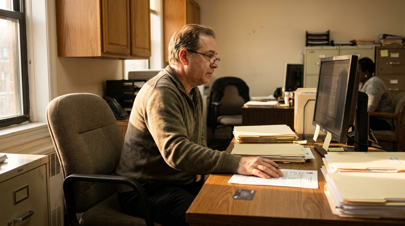 man wearing glasses working at desk with stacked legal folders and computer monitor
