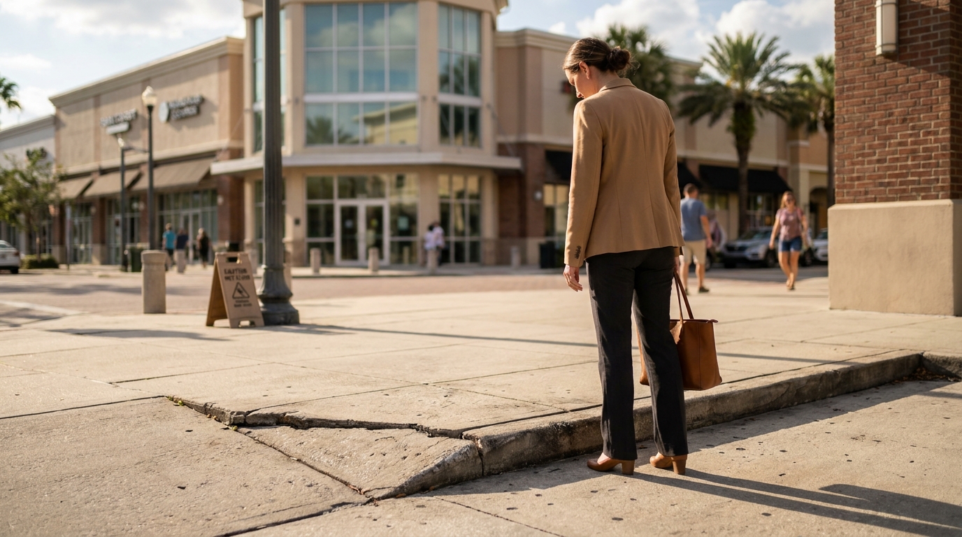 woman looking down at cracked uneven sidewalk near retail shopping center