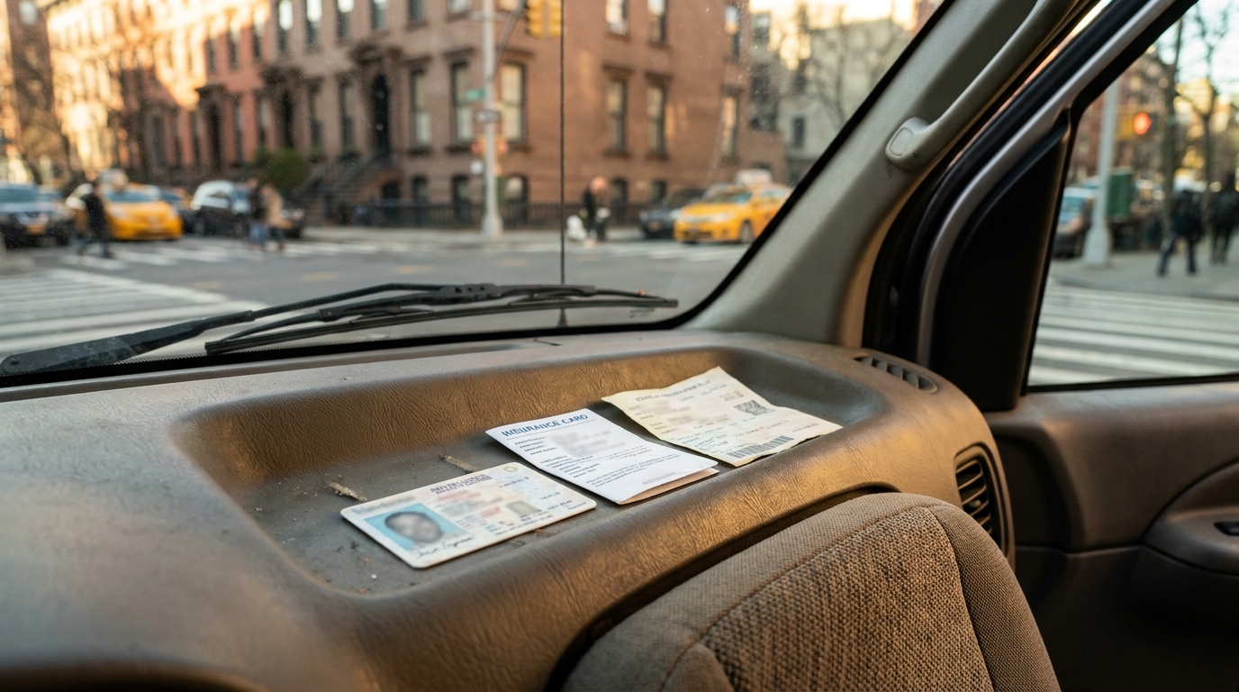 NYC Car Accident Insurance Card and License Exchange driver's license and insurance card displayed on vehicle dashboard near city street